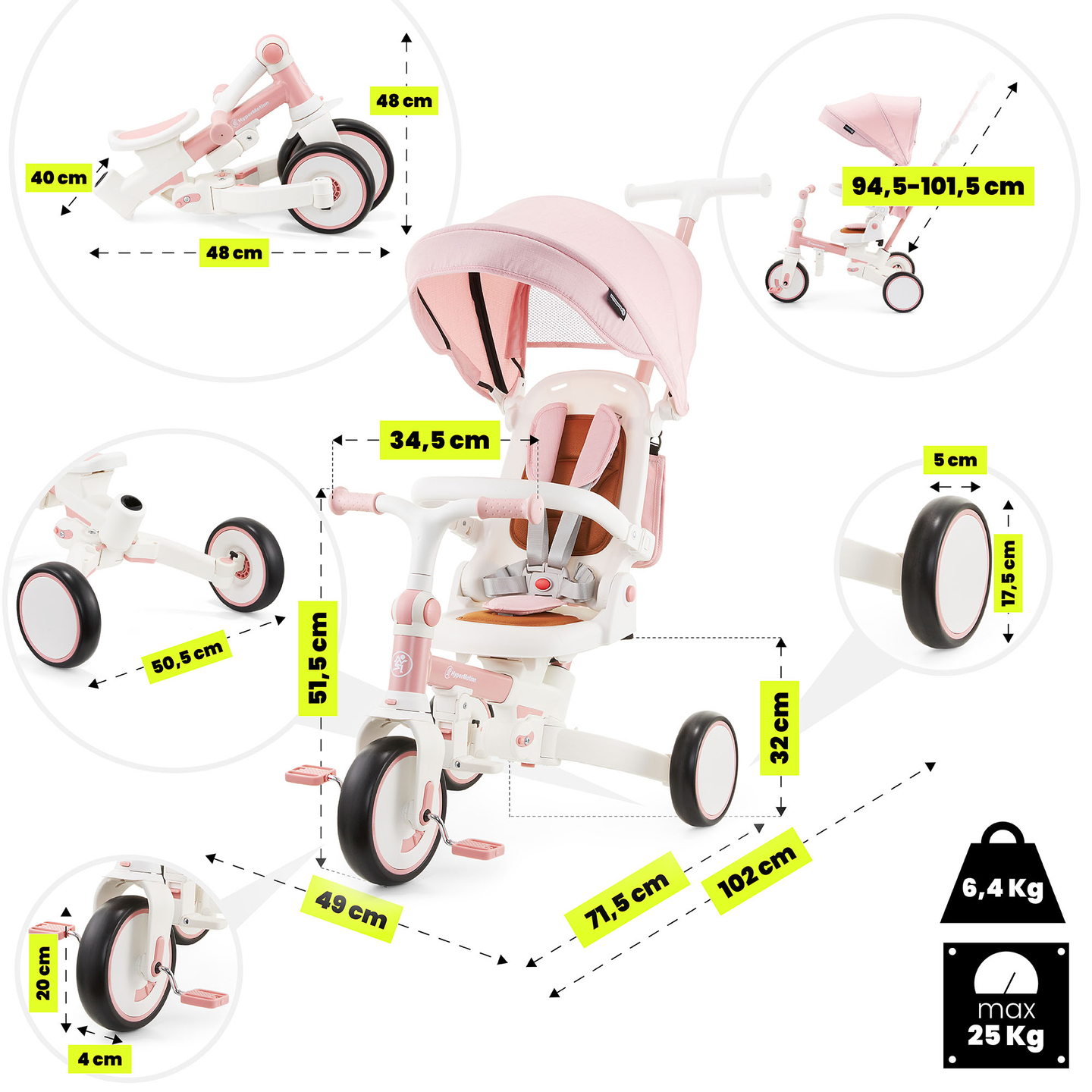 8in1 Multifunktions-Dreirad TOBI FOREST - rosa