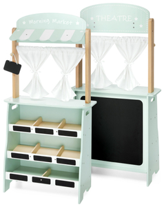 Großer Holzladen - Verkaufsstand und 2-in-1-Theater mit Waage, Bezahlterminal, Gemüse und Obst