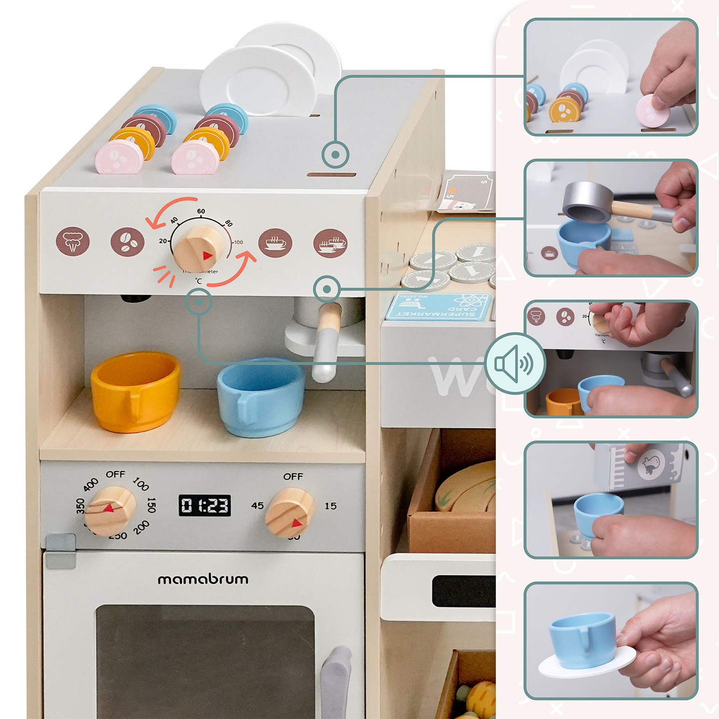 Großer XXXL-Holzladen für Kinder mit Schnellimbiss - Eckladen + Kaffeemaschine + Backofen + Kühlschrank - 106 ac.