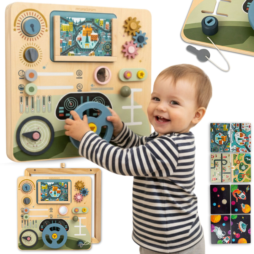 Montessori-Holzbrett 2 in 1 Cockpit für den kleinen Fahrer und Piloten – Lenkrad, Gangschaltung, Reisekarten, Radar
