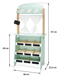 Großer Holzladen - Verkaufsstand und 2-in-1-Theater mit Waage, Bezahlterminal, Gemüse und Obst