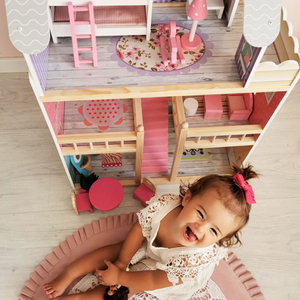 Großes 3-stöckiges Holzpuppenhaus mit Terrasse, Möbelset und LED-Beleuchtung!