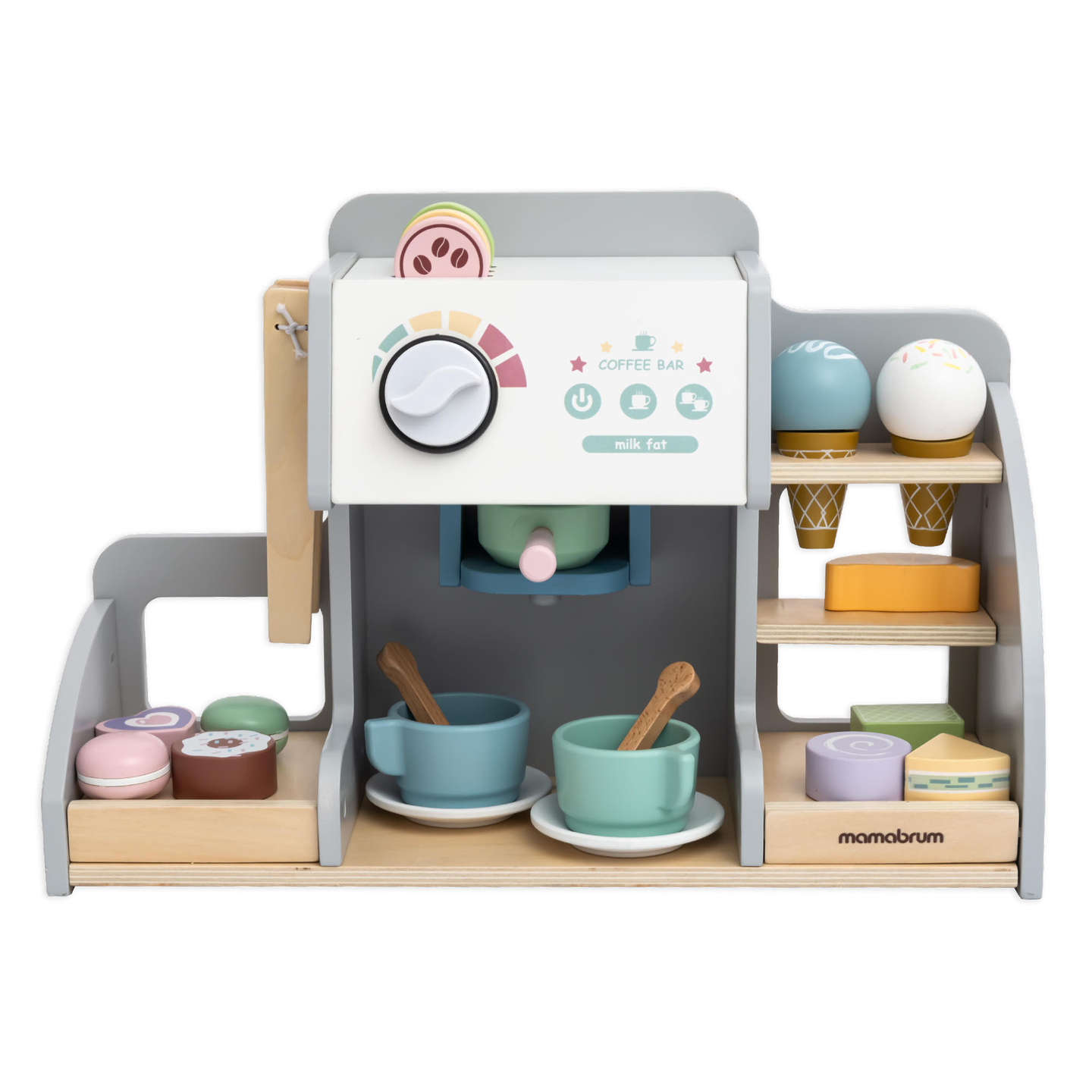 Ein großes Holzcafé und eine Eisdiele mit Magnettafel, Kaffeemaschine und Eis- und Dessertset - über 70 Teile!